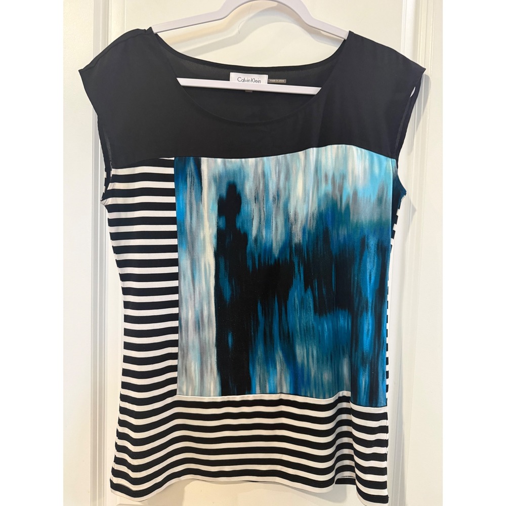 Calvin Klein Women Medium Black Blue Abstract Stripe Sleeveless Shell Blouse Top